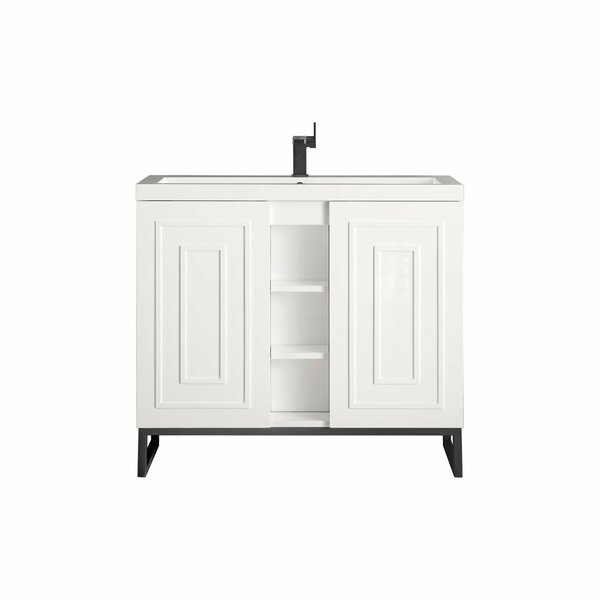 James Martin Vanities Alicante 39.5in Single Vanity, Glossy White, Matte Black w/ White Glossy Composite Stone Top E110V39.5GWMBKWG